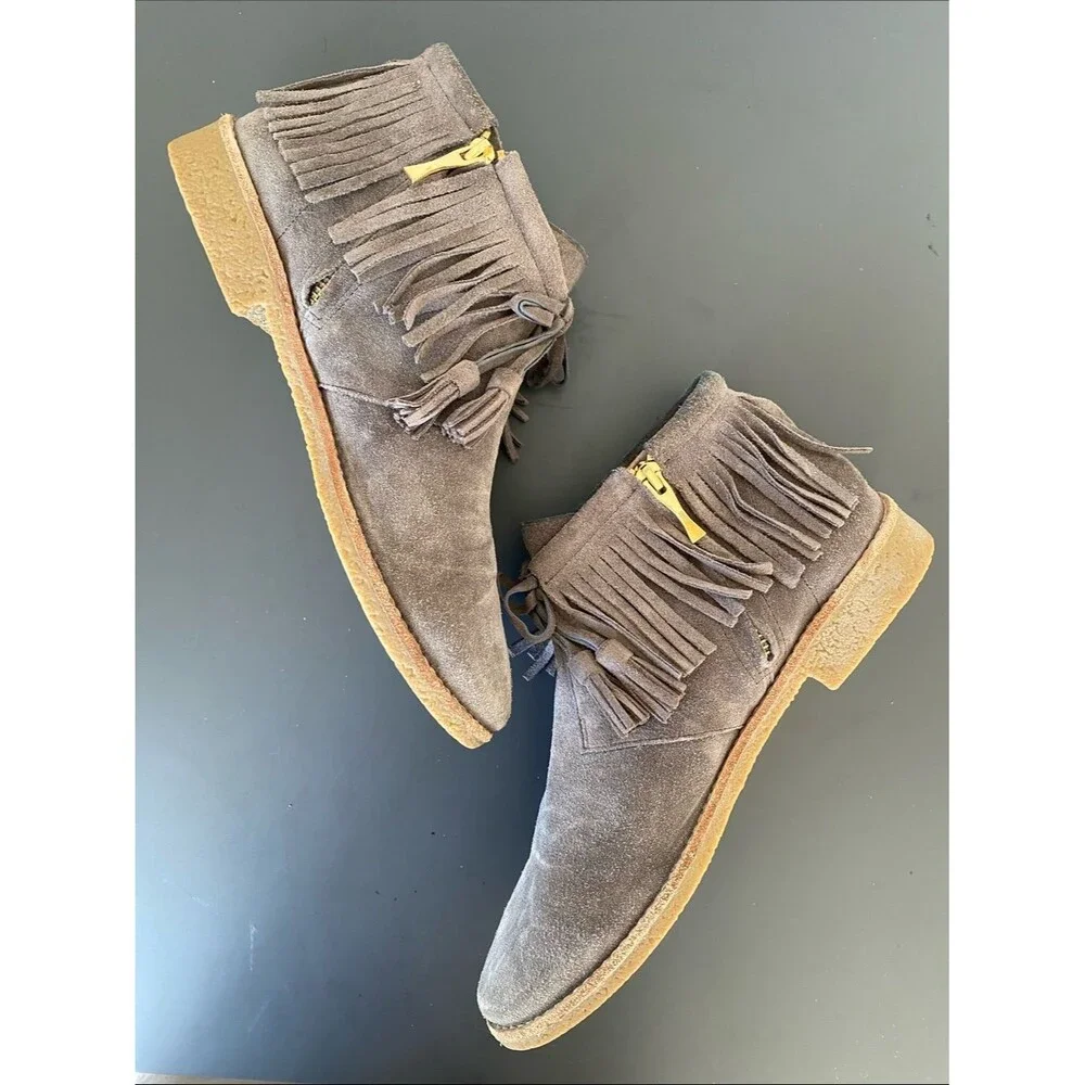 Kate Spade New York Bitsy Taupe Suede Fringe Boots Sz 10 Boho Cottage Western
